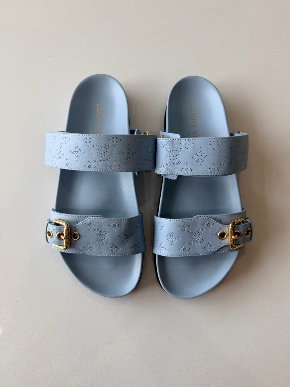 Louis Vuitton Powder Blue Monogram Perforated Double-Strap Slides - Picture 2 of 5